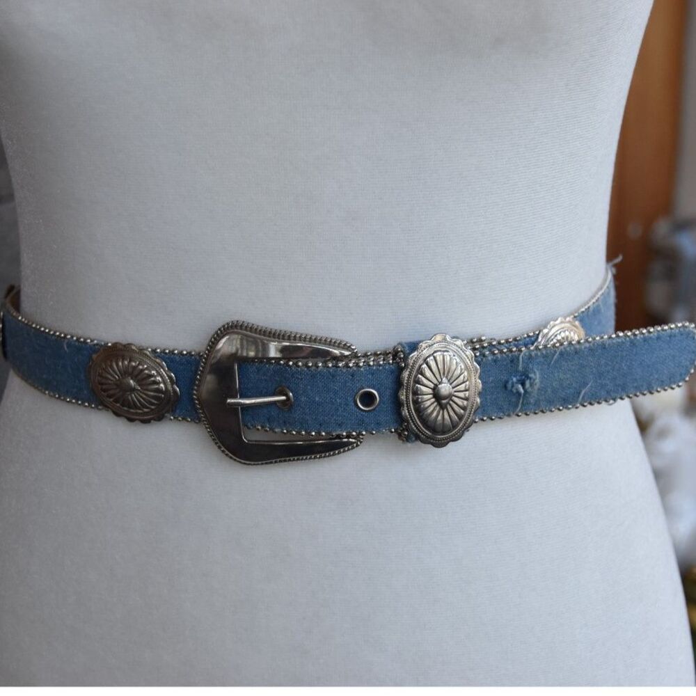Vintage Y2K Denim Concho Belt Western Silver Studded XS S